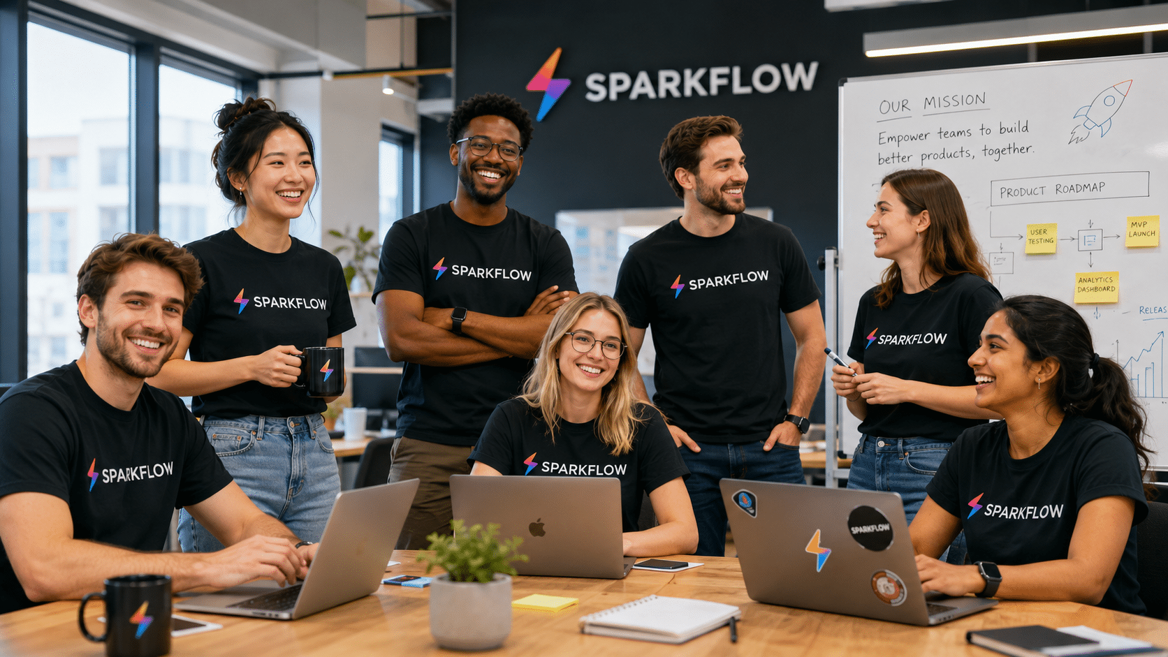 startup team wearing high-quality custom t-shirts with company logo.