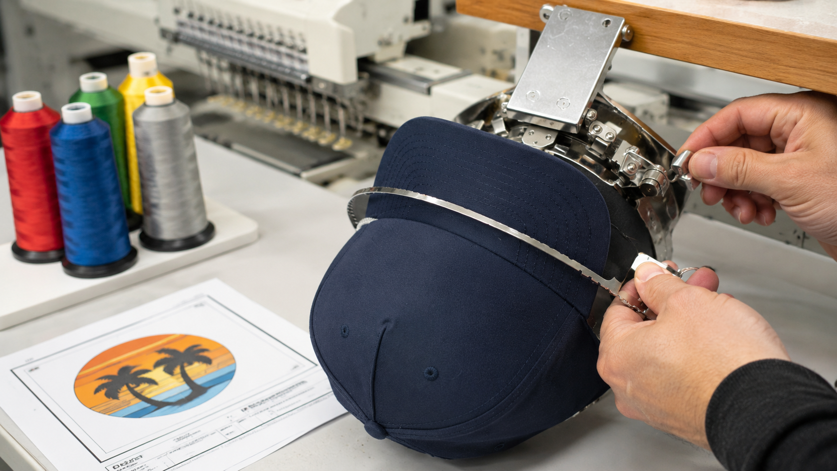 same-day hat embroidery setup for a custom business logo