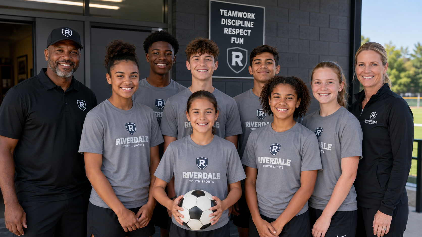 local Arlington sports team wearing coordinated custom T-shirts and coach apparel