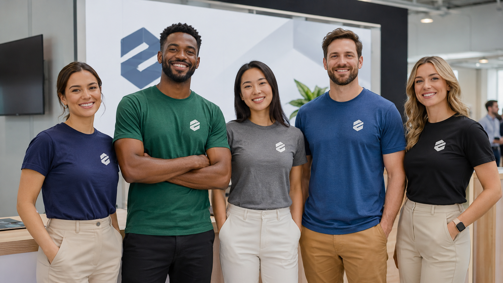 business team wearing custom printed T-shirts selected through an online printing service