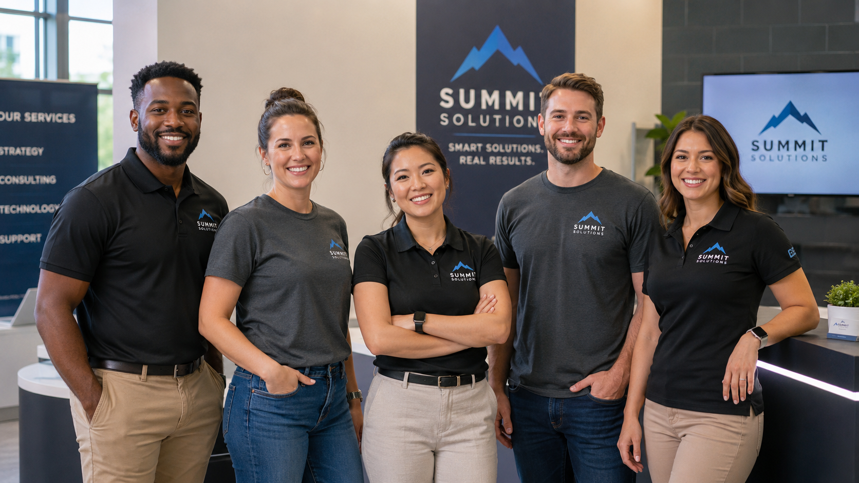 business team wearing custom T-shirts ordered in a small quantity