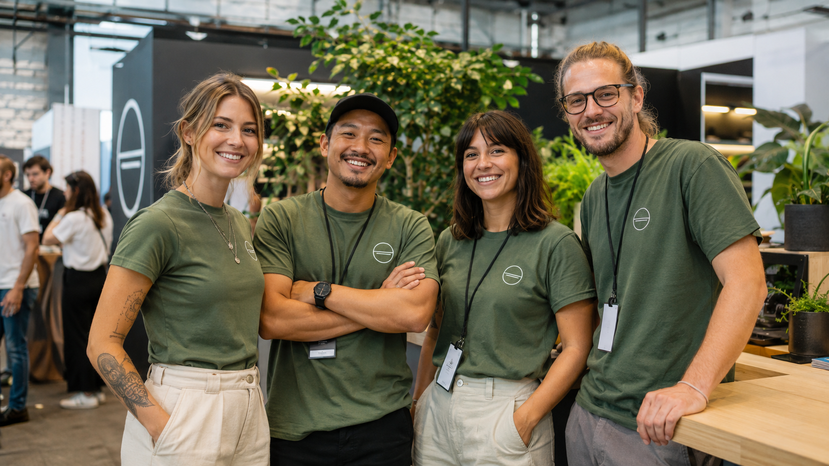 business team wearing durable eco-conscious custom T-shirts at a company event