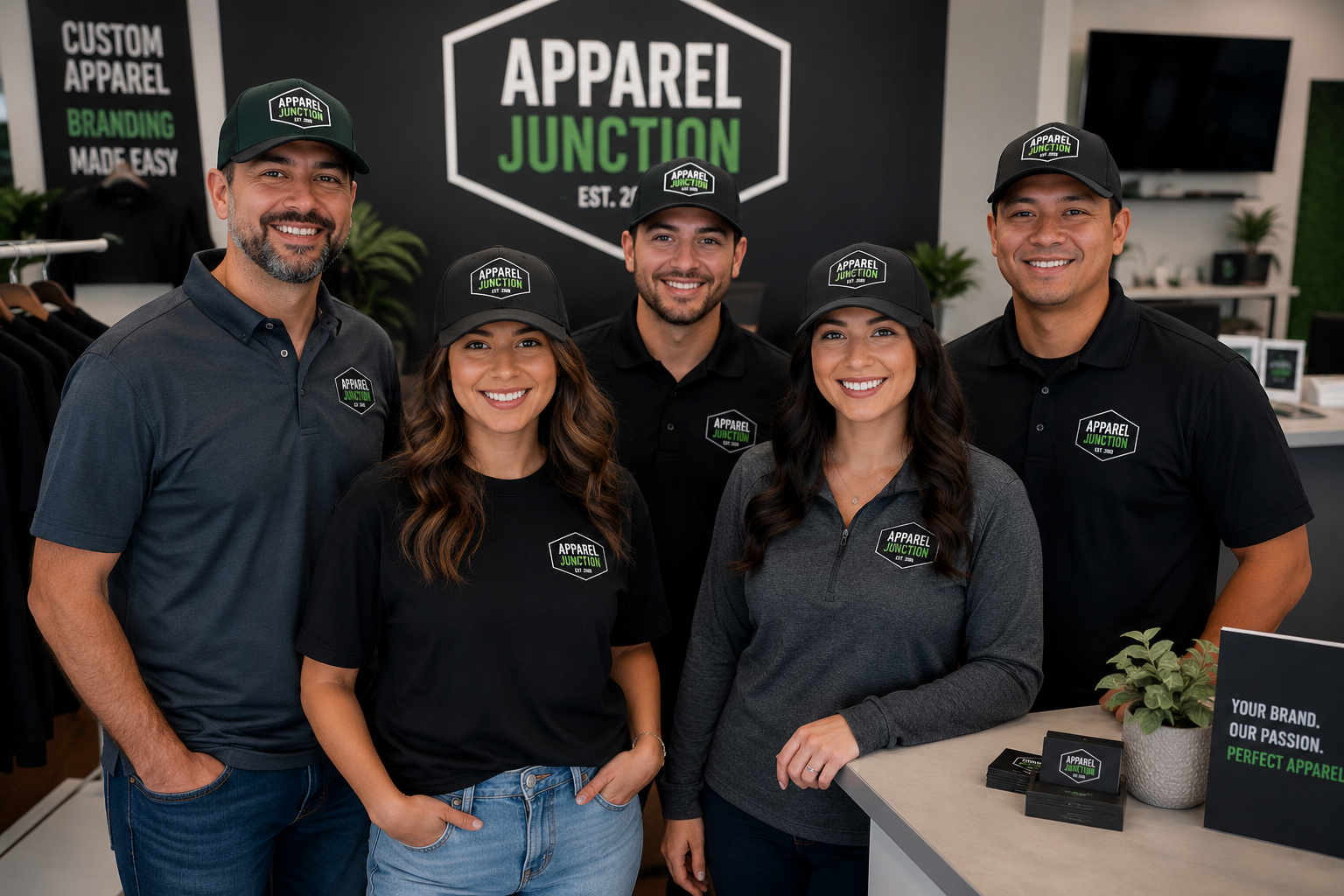 business team wearing custom hats from a same-day hat embroidery order