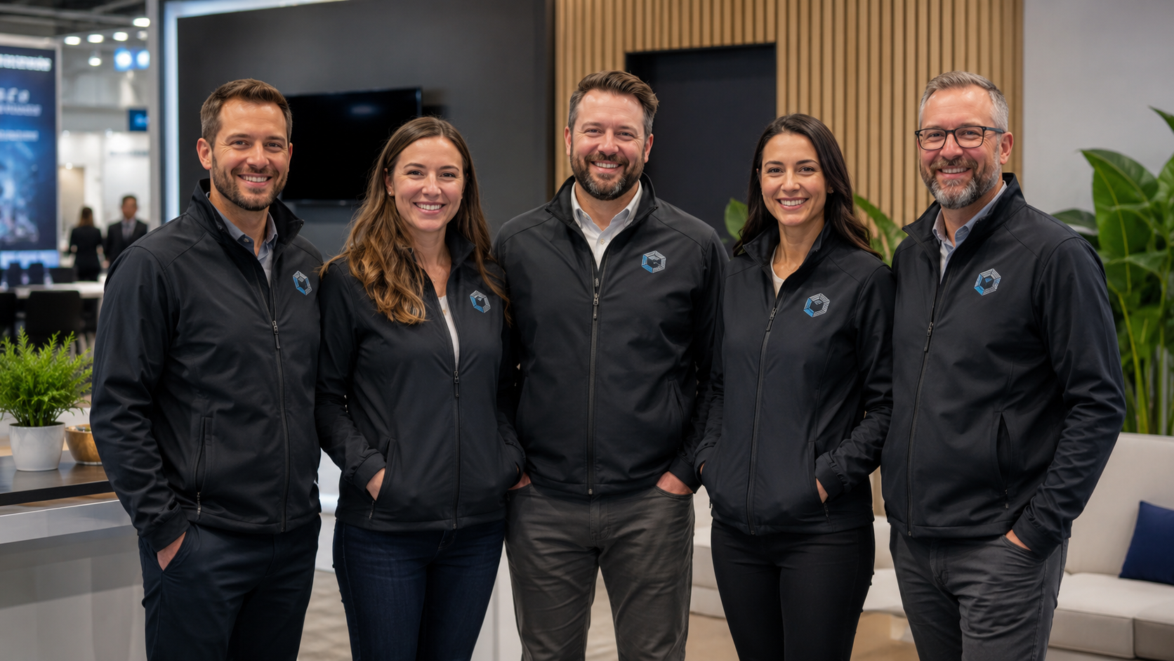 business team wearing jackets after receiving a logo embroidery price estimate
