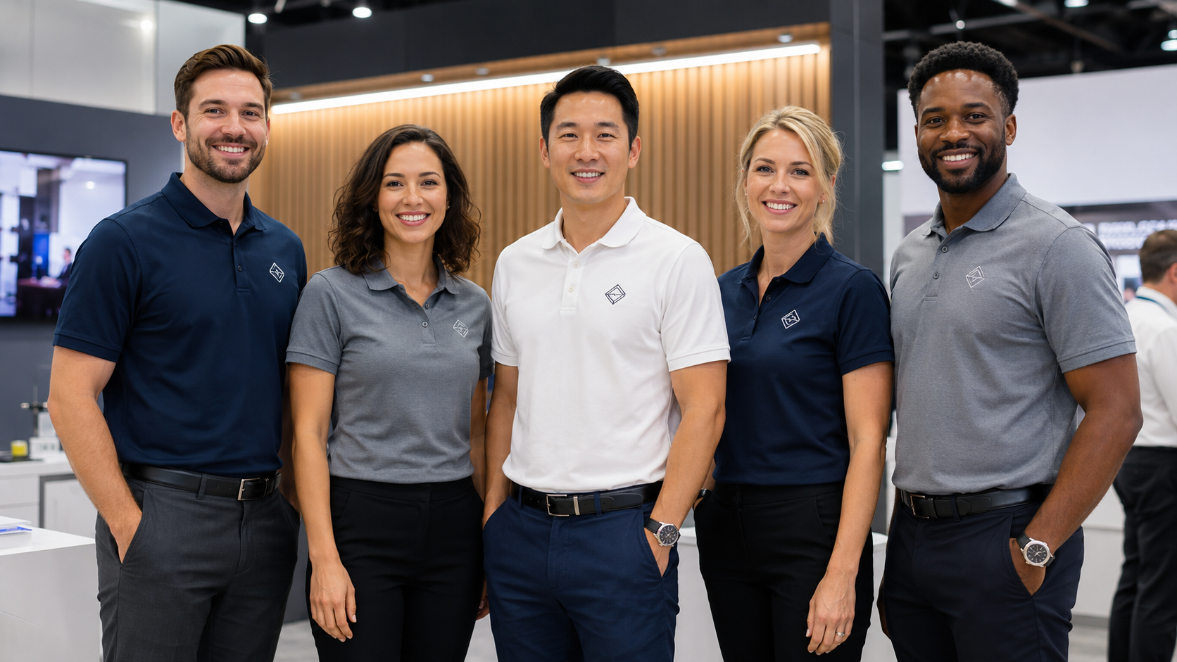 business team wearing custom embroidered polo shirts