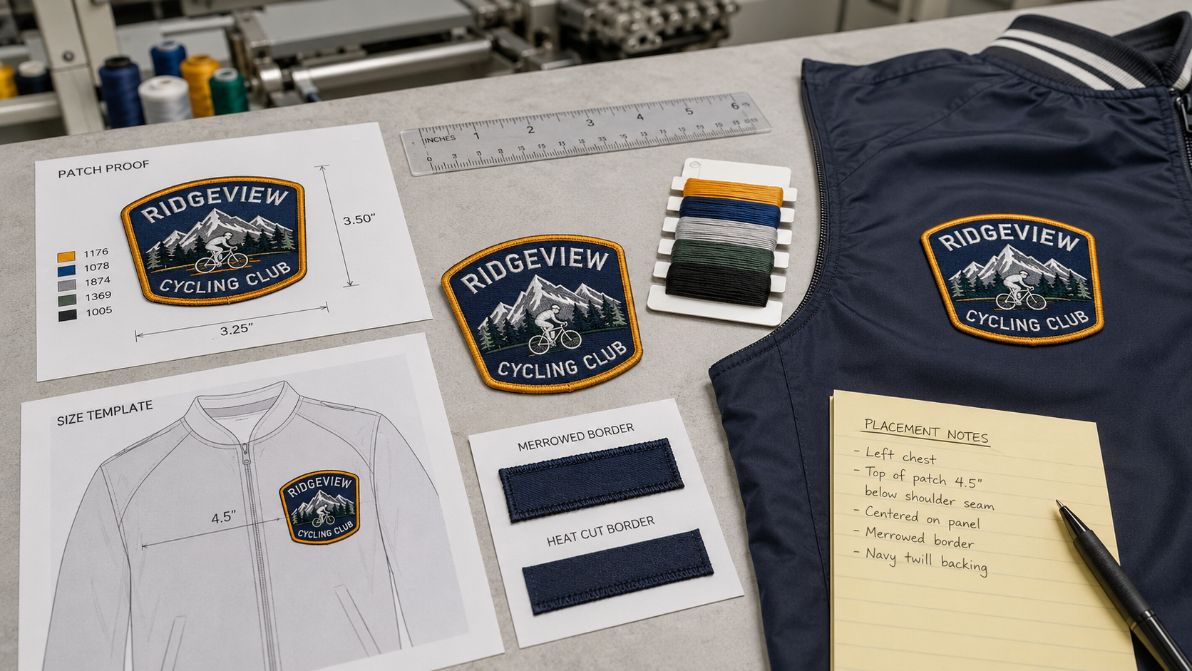 club jacket patch proof with size guide thread colors and border options