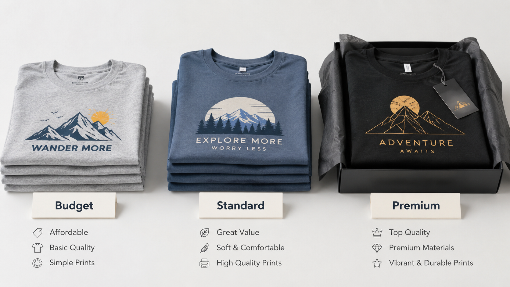 custom T-shirt price comparison for budget standard and premium shirts