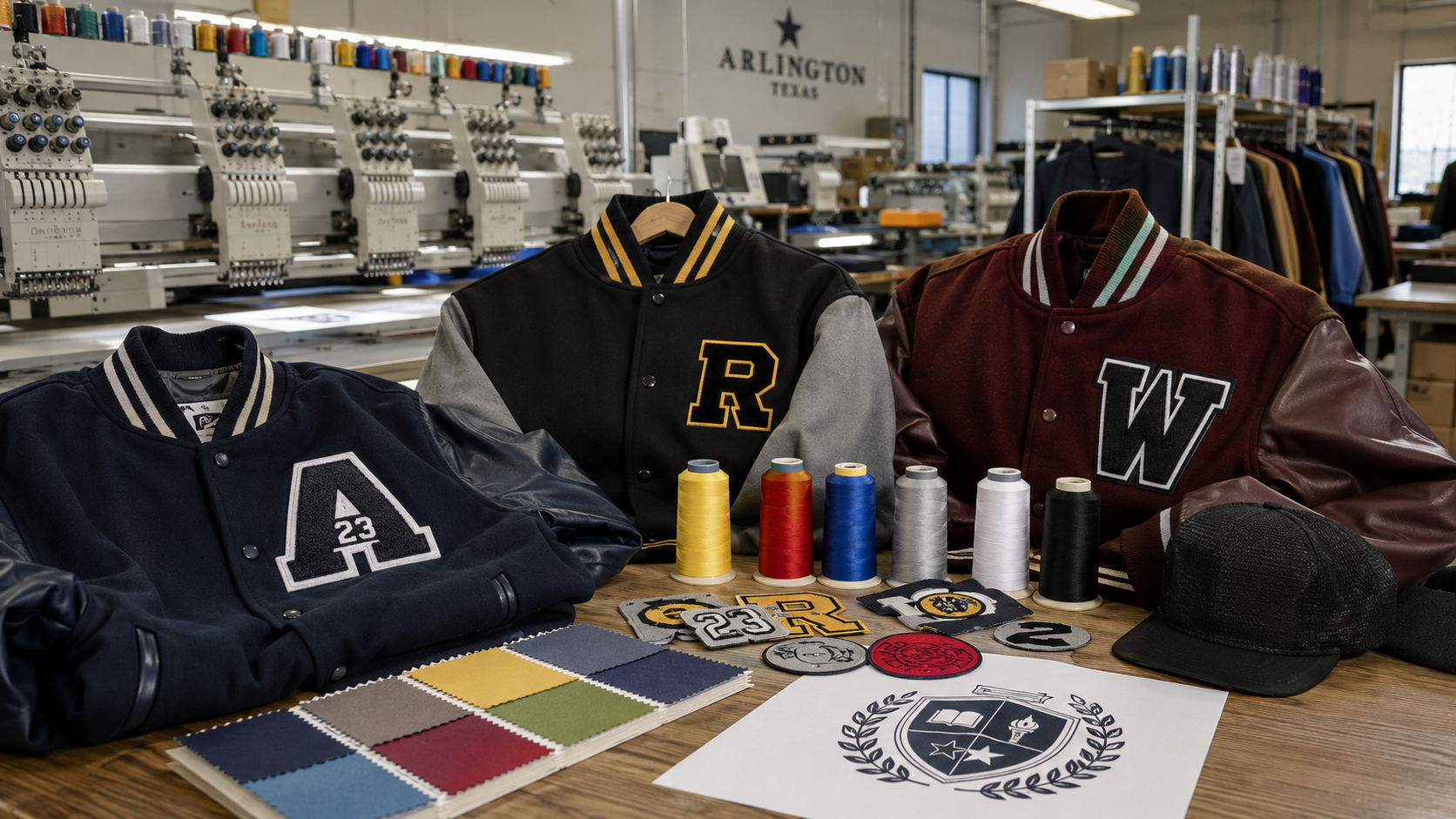 custom embroidered patches displayed with club jackets and thread colors
