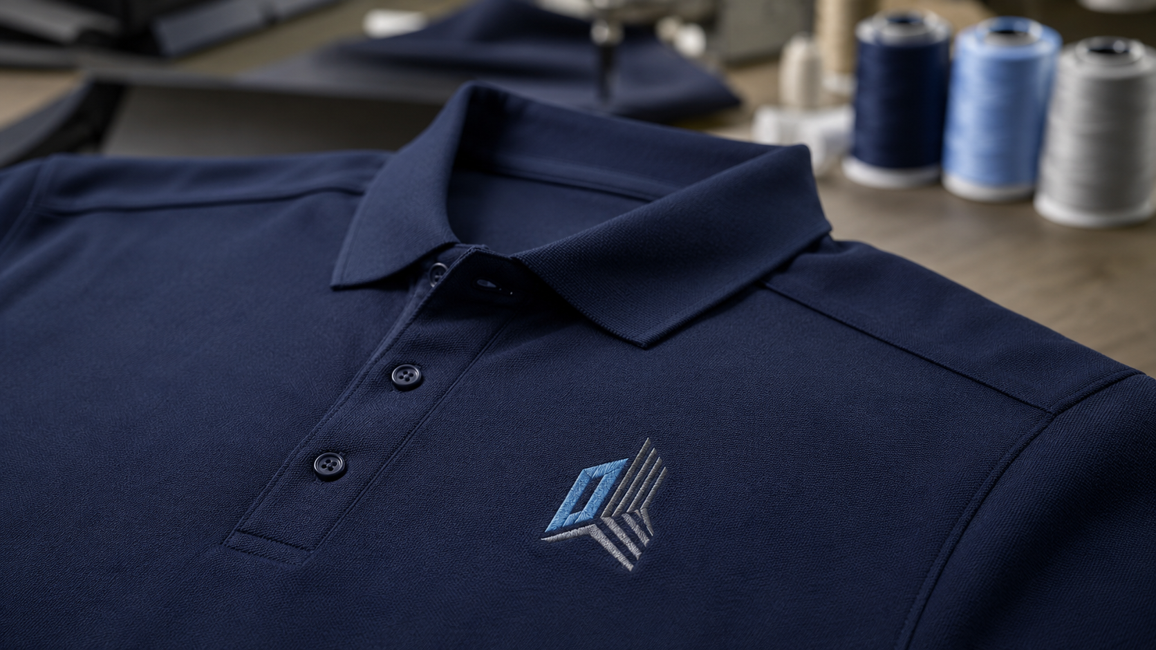 custom embroidery near me left chest logo detail on a navy polo shirt