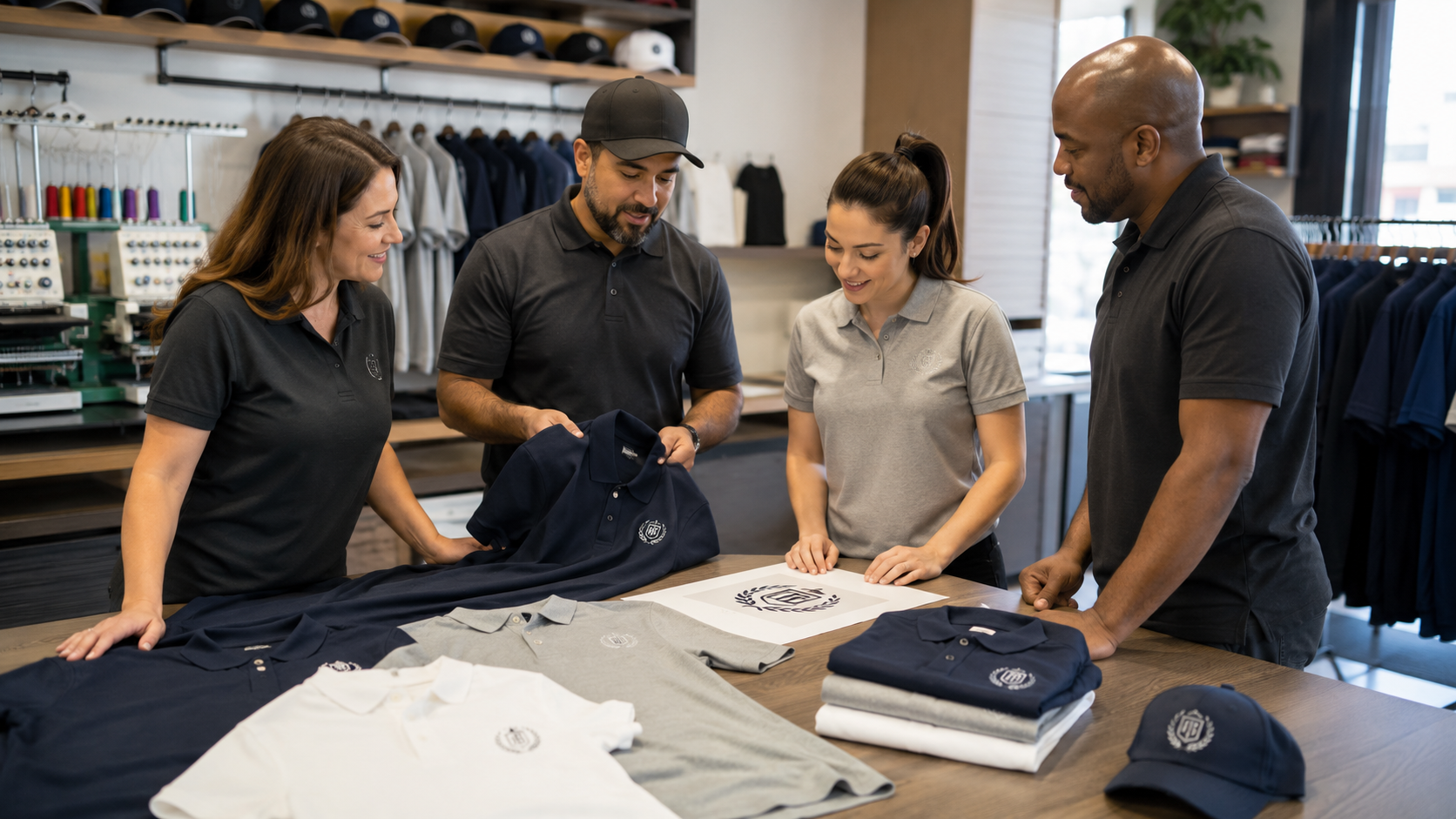 custom embroidery near me polo shirts being reviewed at a local apparel shop