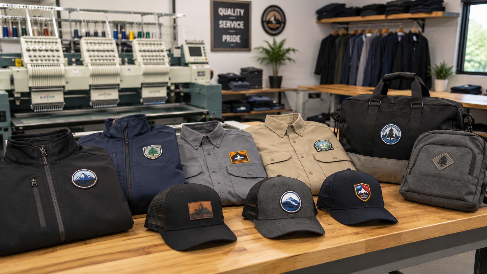 business team wearing custom embroidered patches on branded apparel