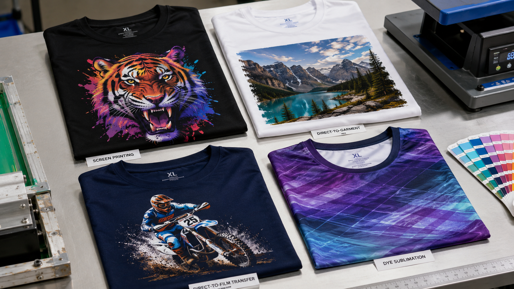 custom T-shirt print quality comparison of screen printing, DTG, DTF, and sublimation