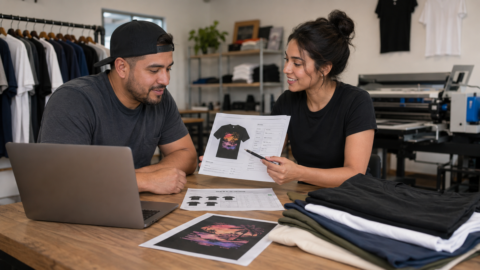 business owner preparing artwork and shirt details for a custom t-shirt printing quote