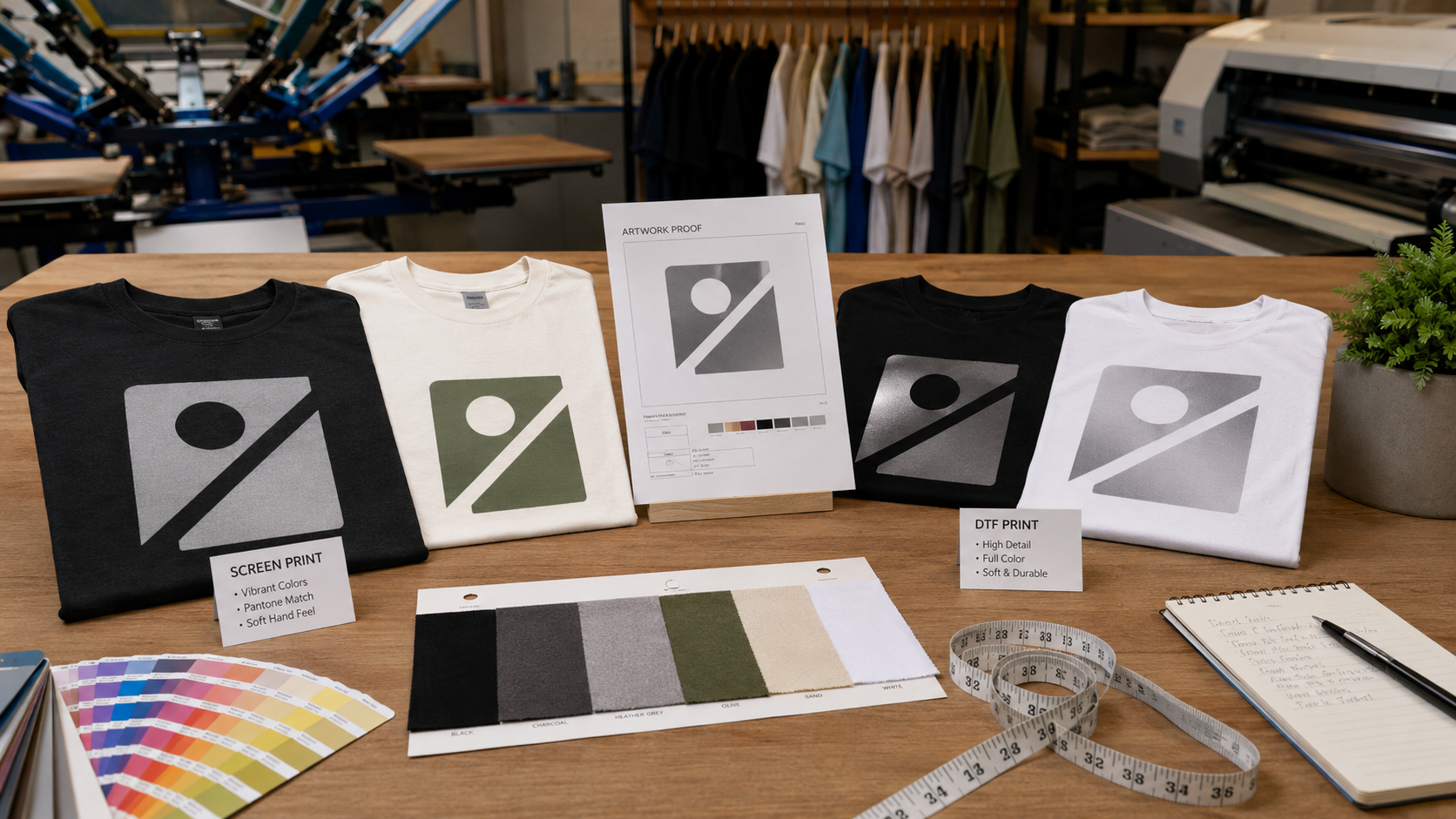 custom t-shirt printing reviews table with shirt samples and artwork proof