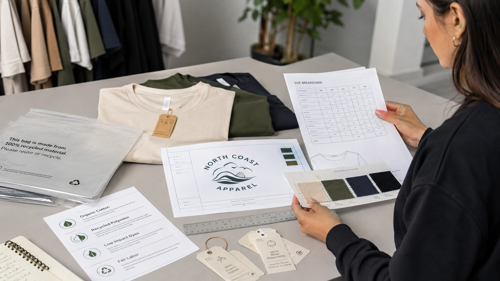 custom apparel specialist reviewing sustainable shirt certification and size planning