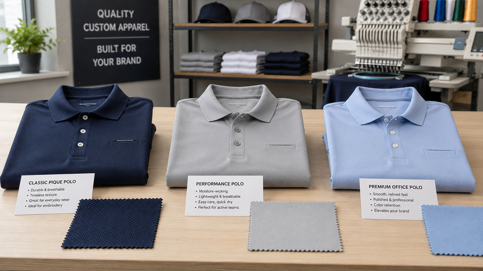 embroidered polo shirt fabric options for custom embroidery near me