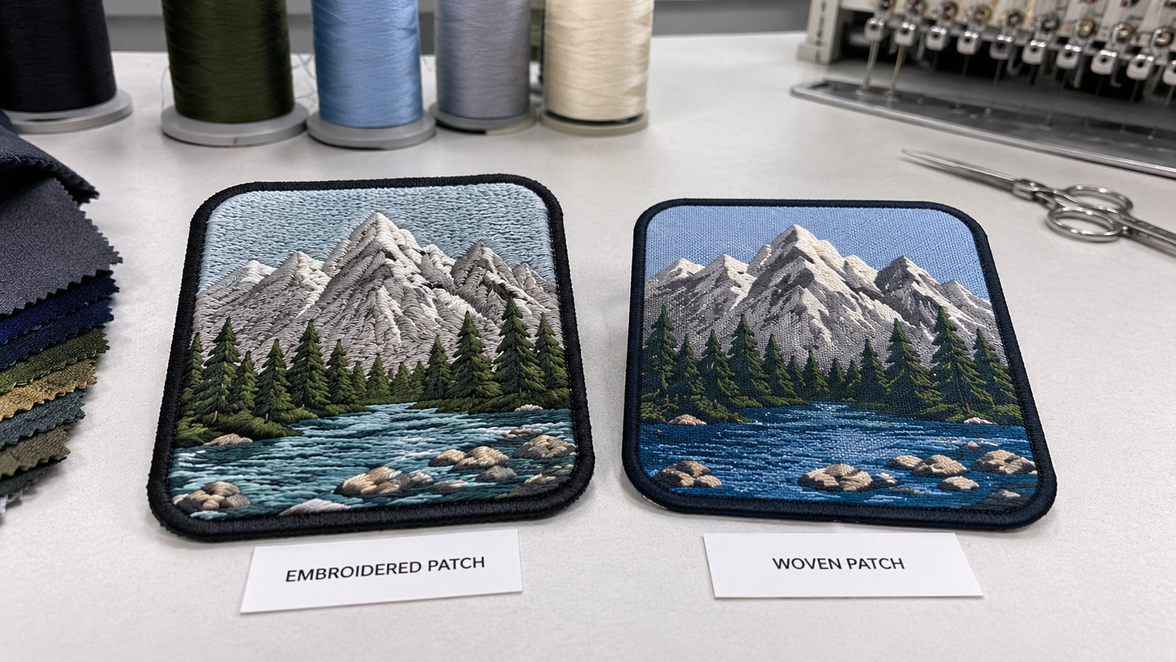 embroidered patches and woven patches compared on a production table