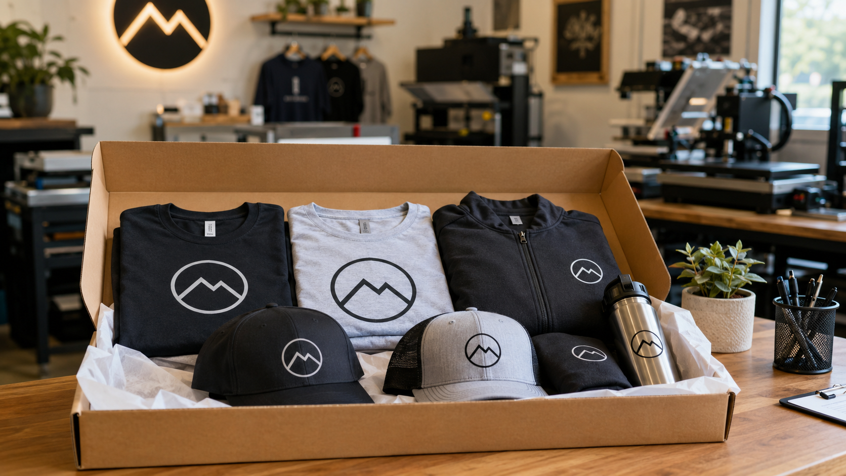 finished custom T-shirts and branded apparel order ready for a business event