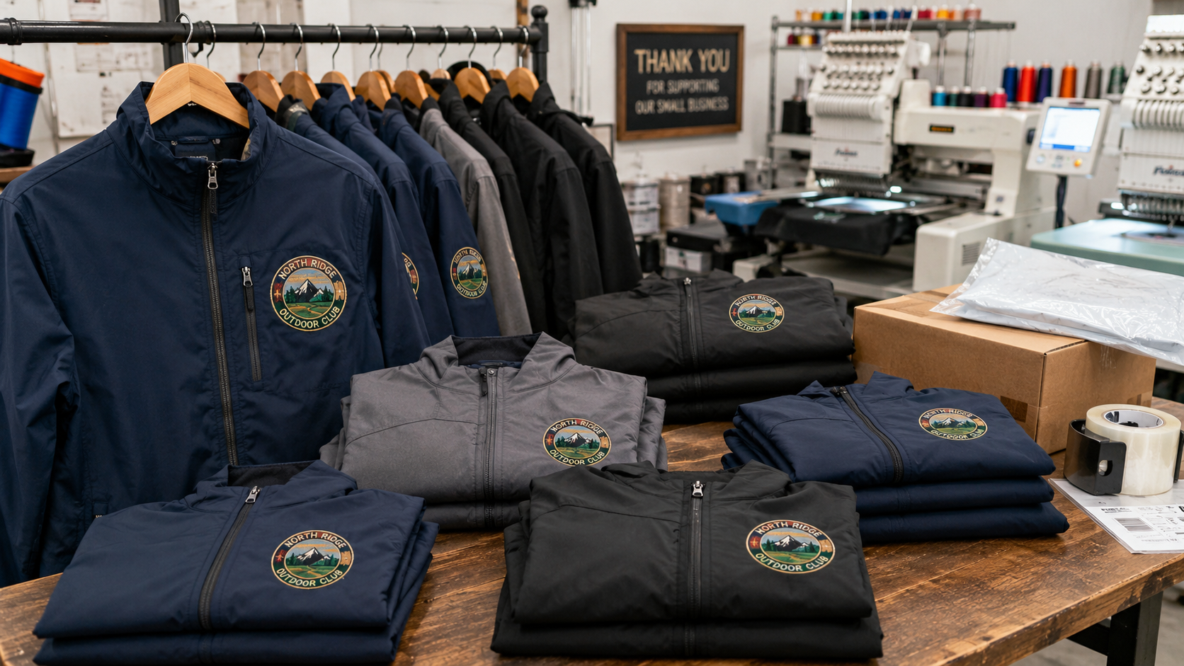 finished club jackets with custom embroidered patches ready for members