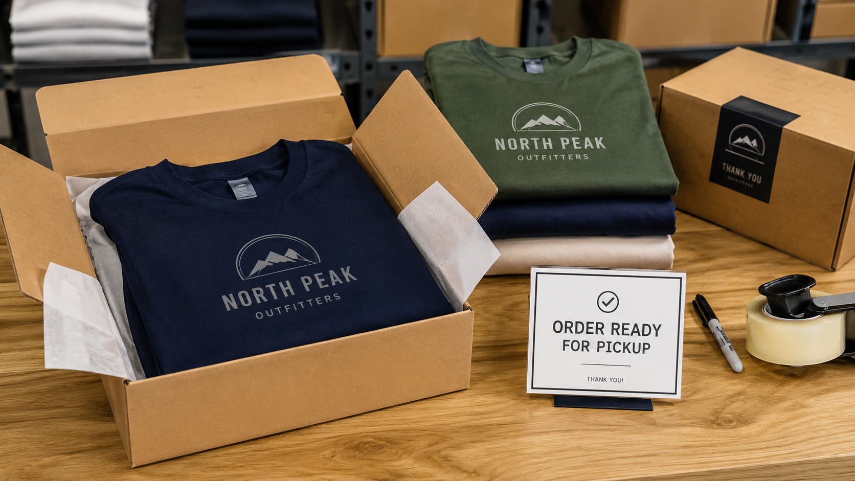 finished custom apparel order ready for pickup