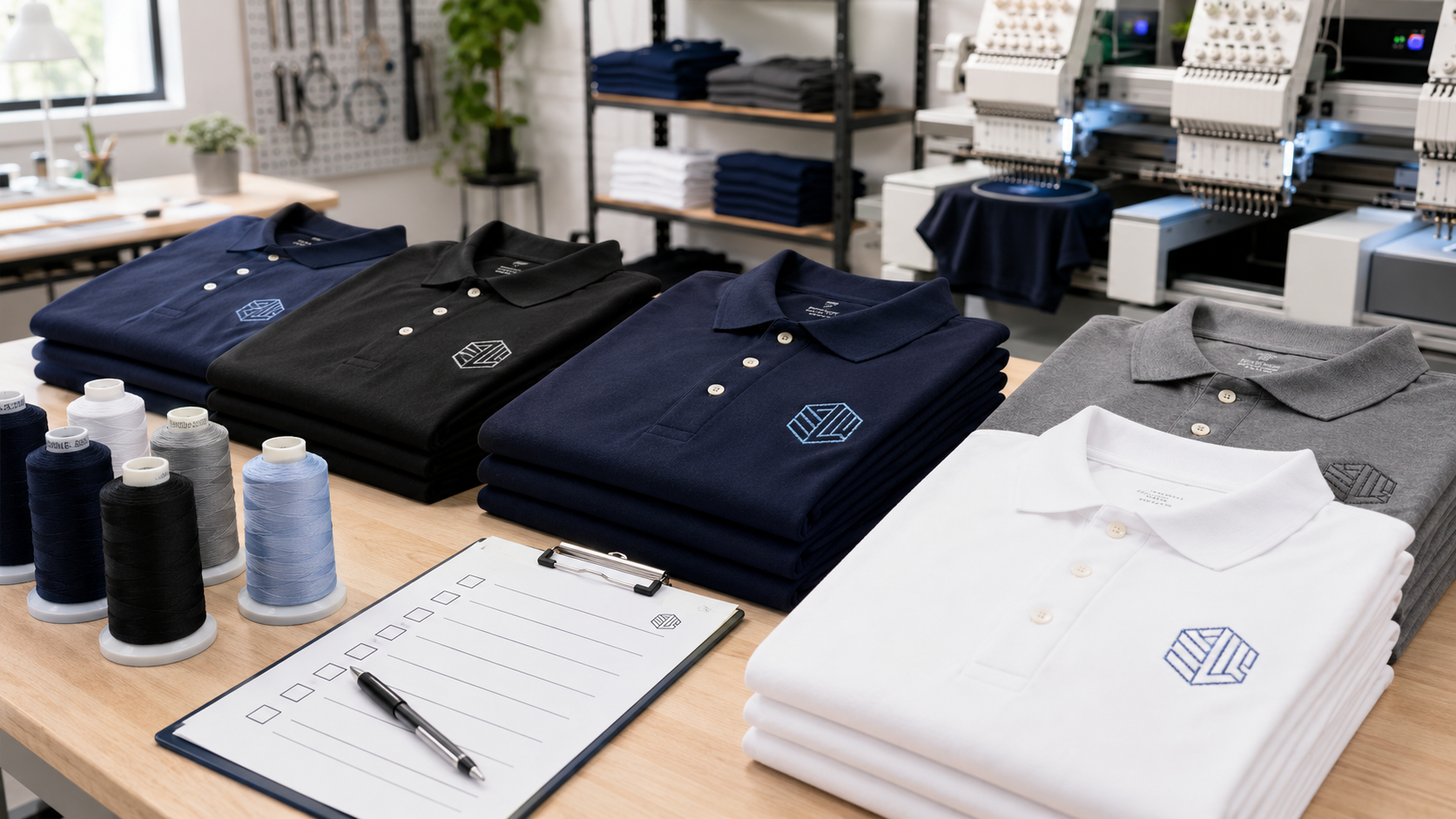 custom embroidery near me finished embroidered polo shirts ready for a business team