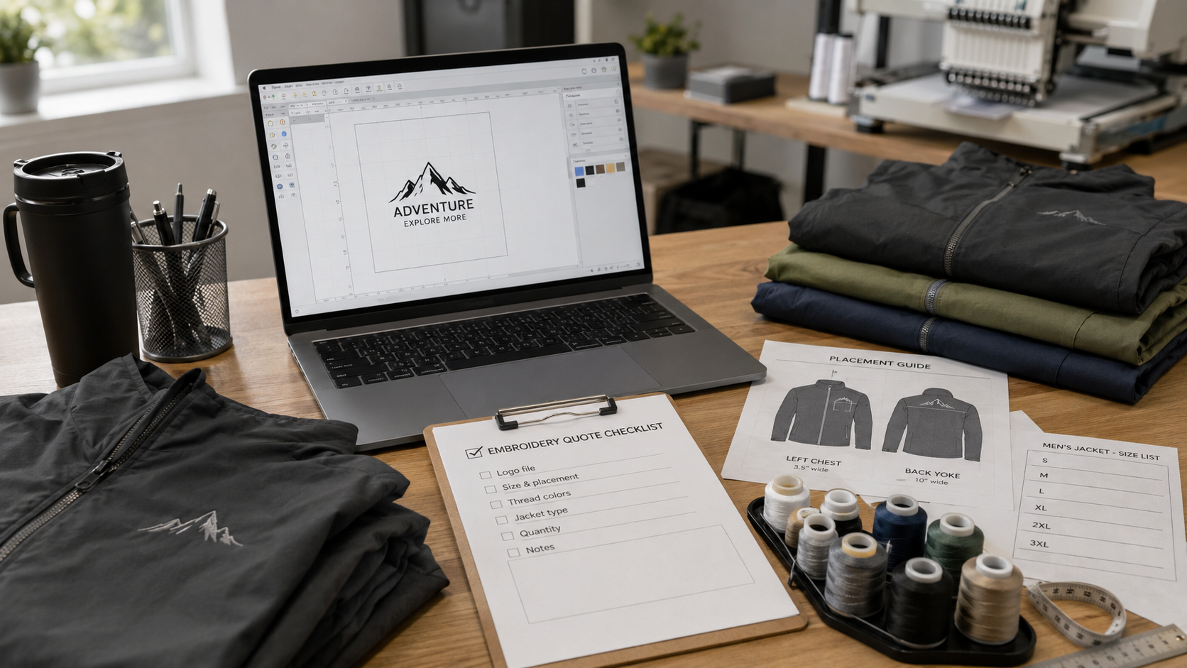 logo embroidery price estimate checklist with jacket logo file and size list