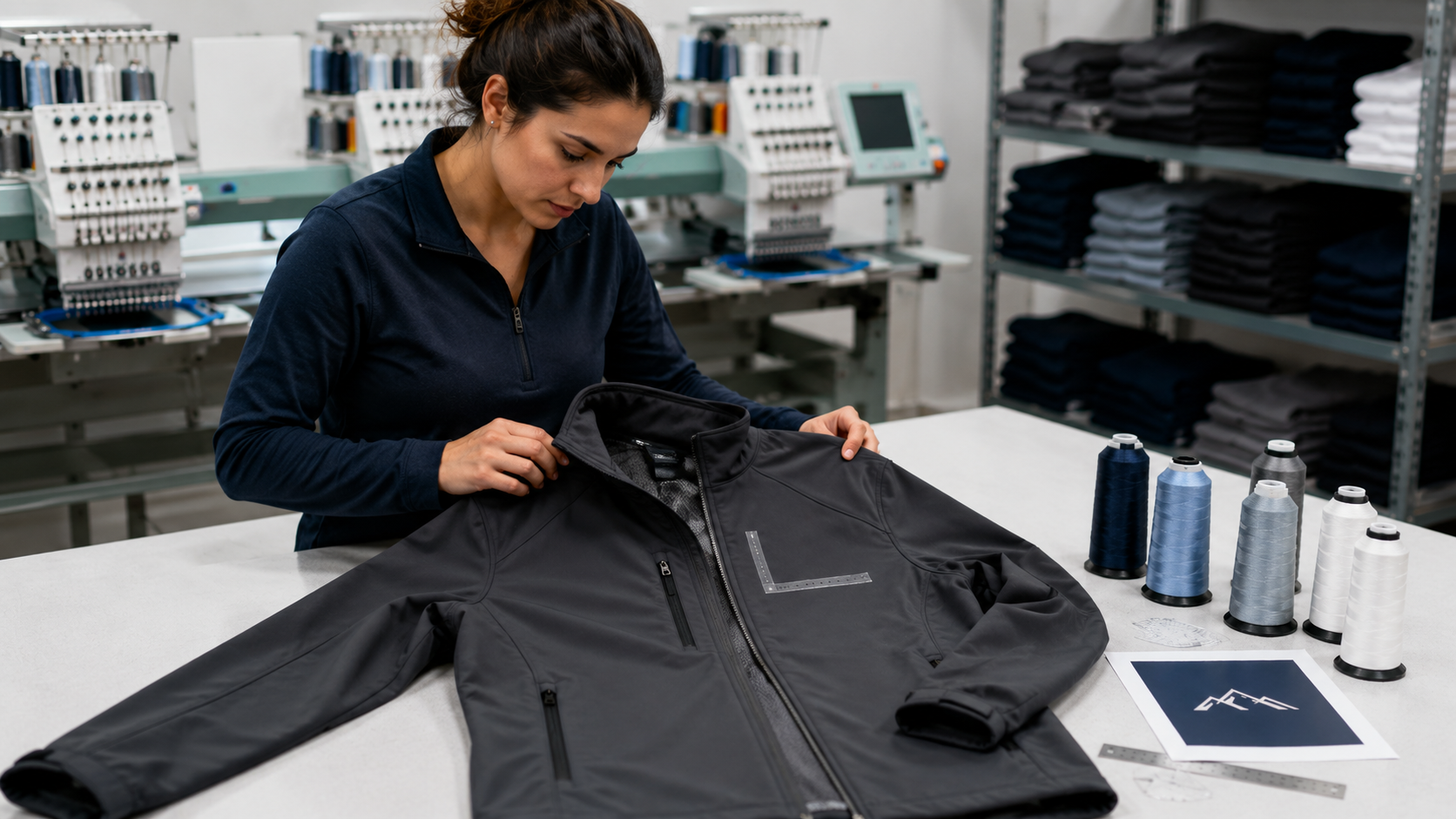 local embroidery service checking jacket fabric before giving a logo embroidery price estimate