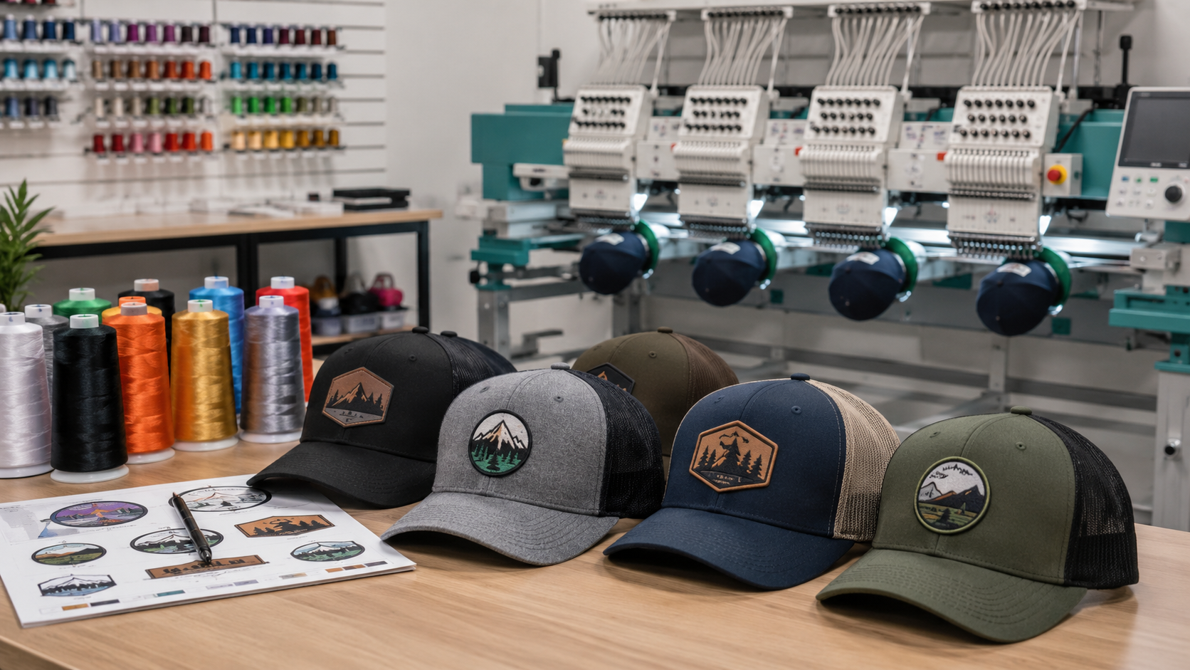 same-day hat embroidery shop preparing custom embroidered hats