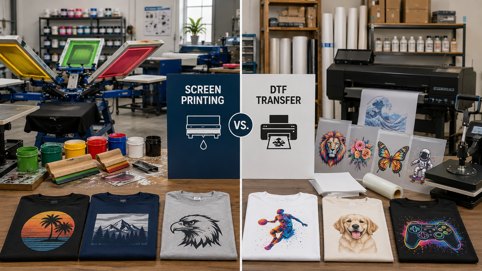 top-rated custom t-shirt printing companies comparison with screen printing and DTF samples