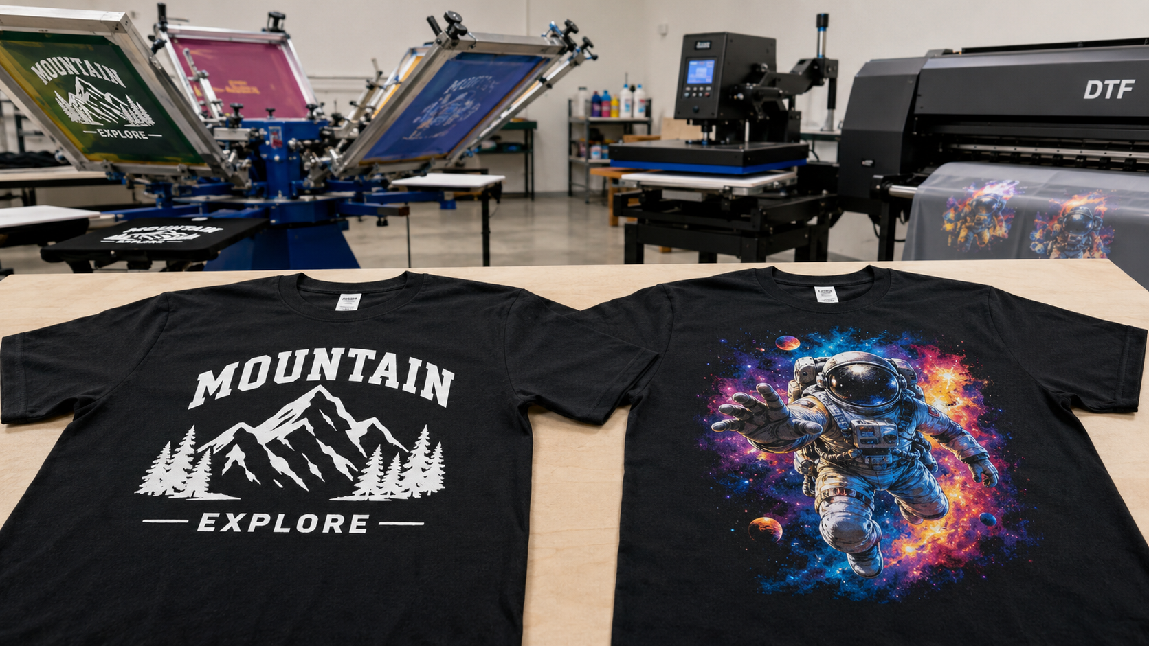 screen printing and DTF options for an order of 20 custom T-shirts