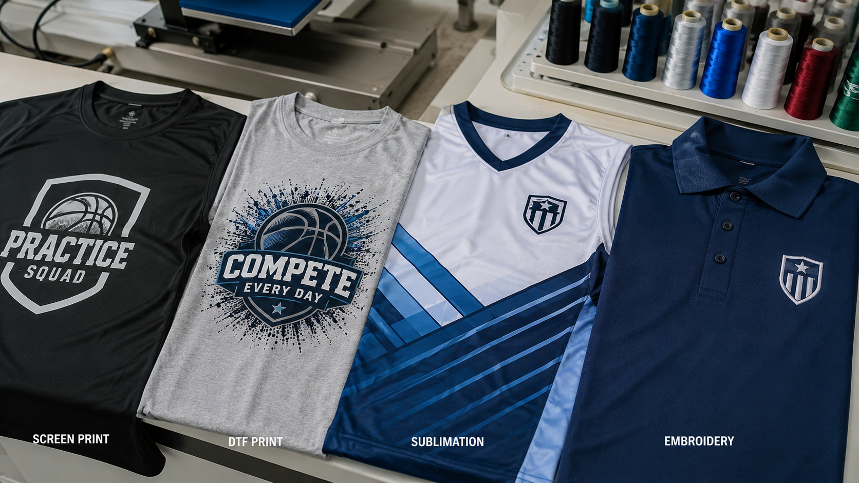 screen printing DTF printing sublimation and embroidery samples for team apparel