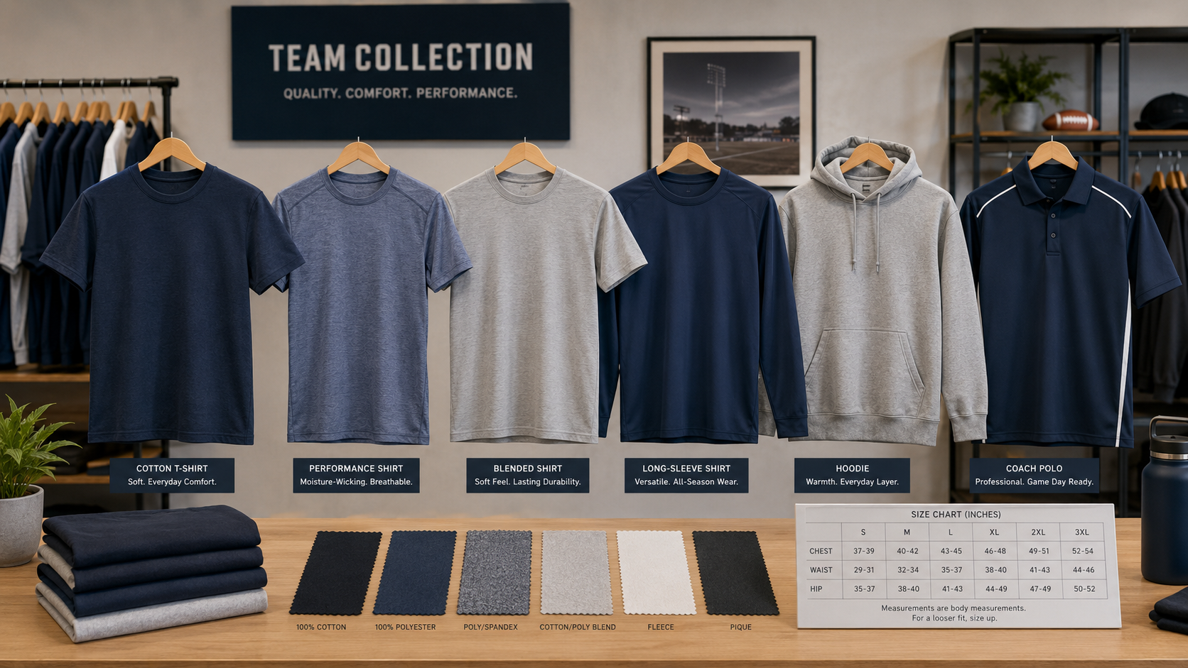 sports team custom shirts in cotton performance and blended fabric options
