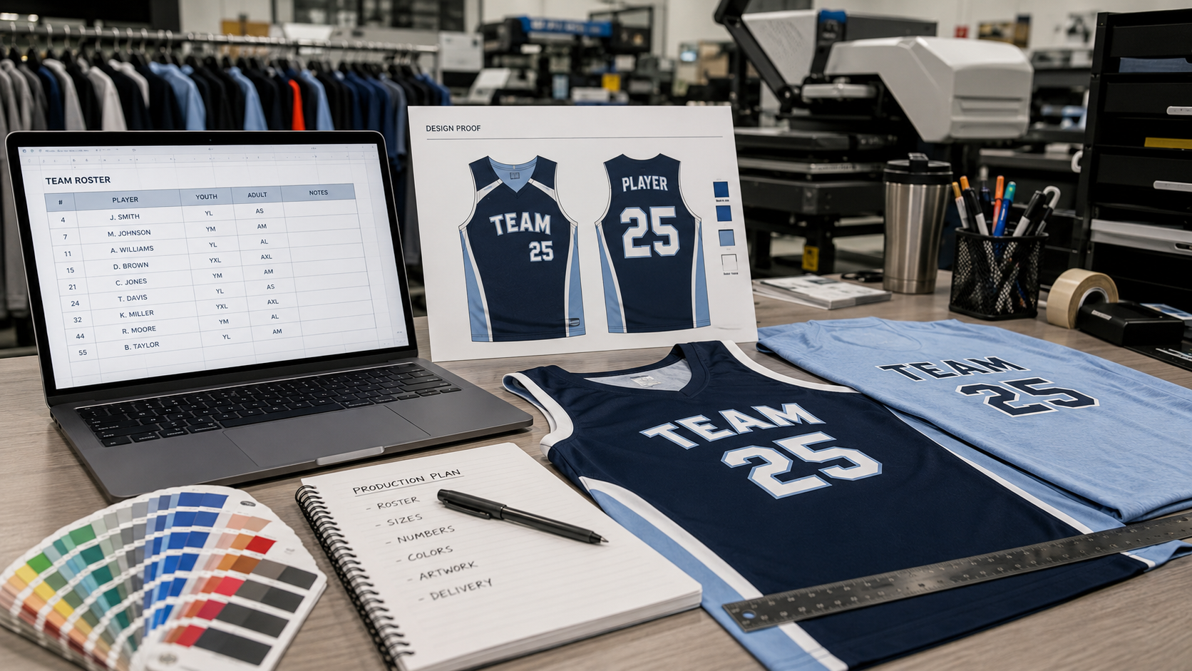 team roster size list logo proof and player numbers prepared for custom shirt printing